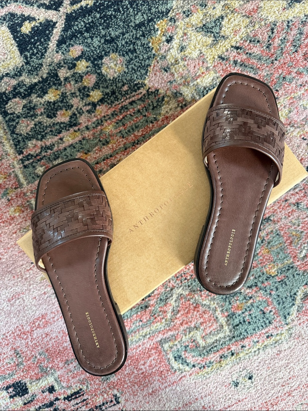 Anthropologie Brown Woven Leather Slide Mules